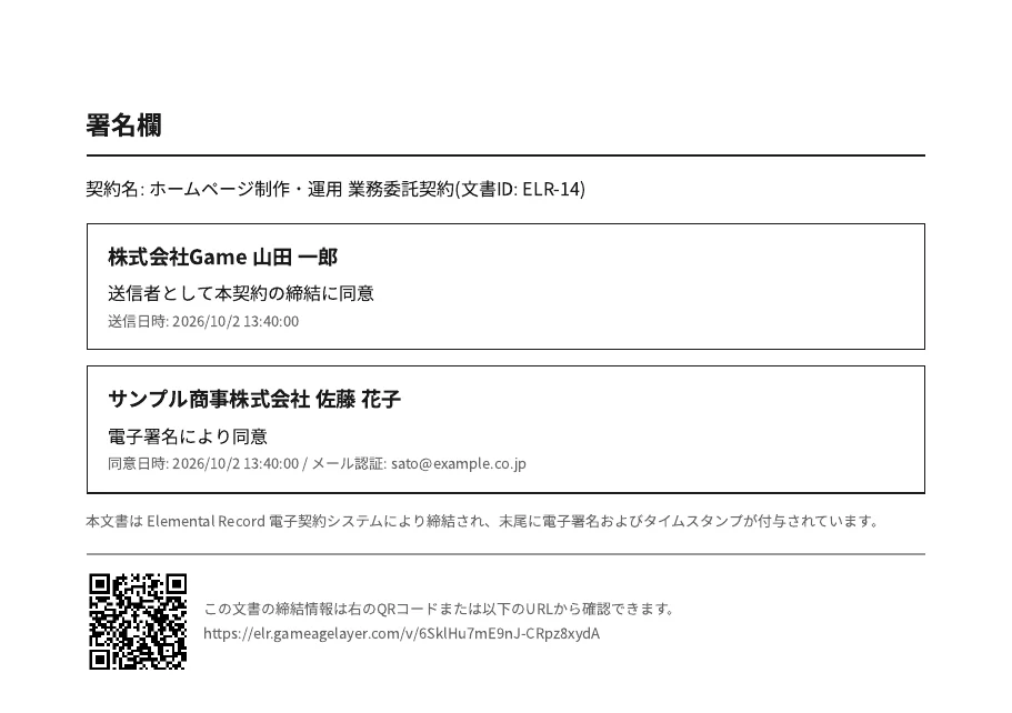 締結済みの契約書の最後のページ「署名欄」