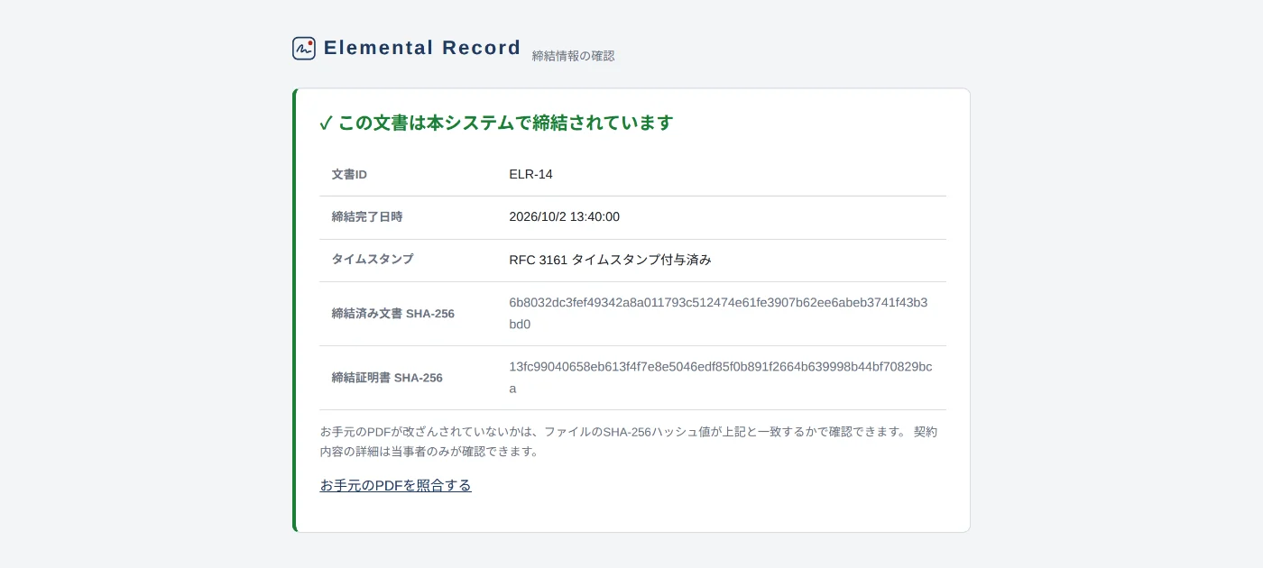 締結情報の確認ページ